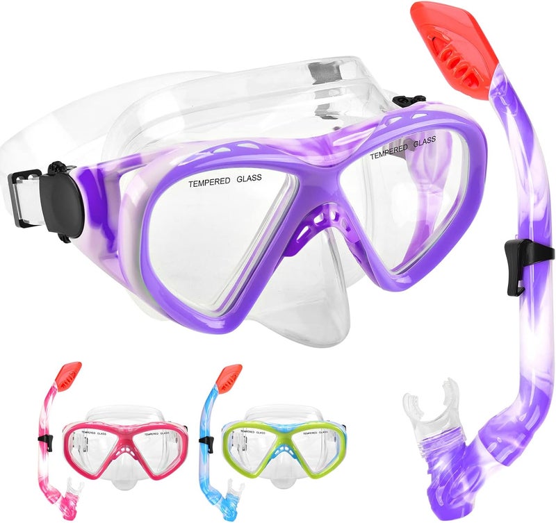 ACQCES Kids Snorkel Set Dry Top Snorkeling Gear for Kids Youth Boys Girls Junior Age 5-15,Tempered Glass Swimming Diving Mask and Snorkel Set 180 Degree Panoramic View - Image 1